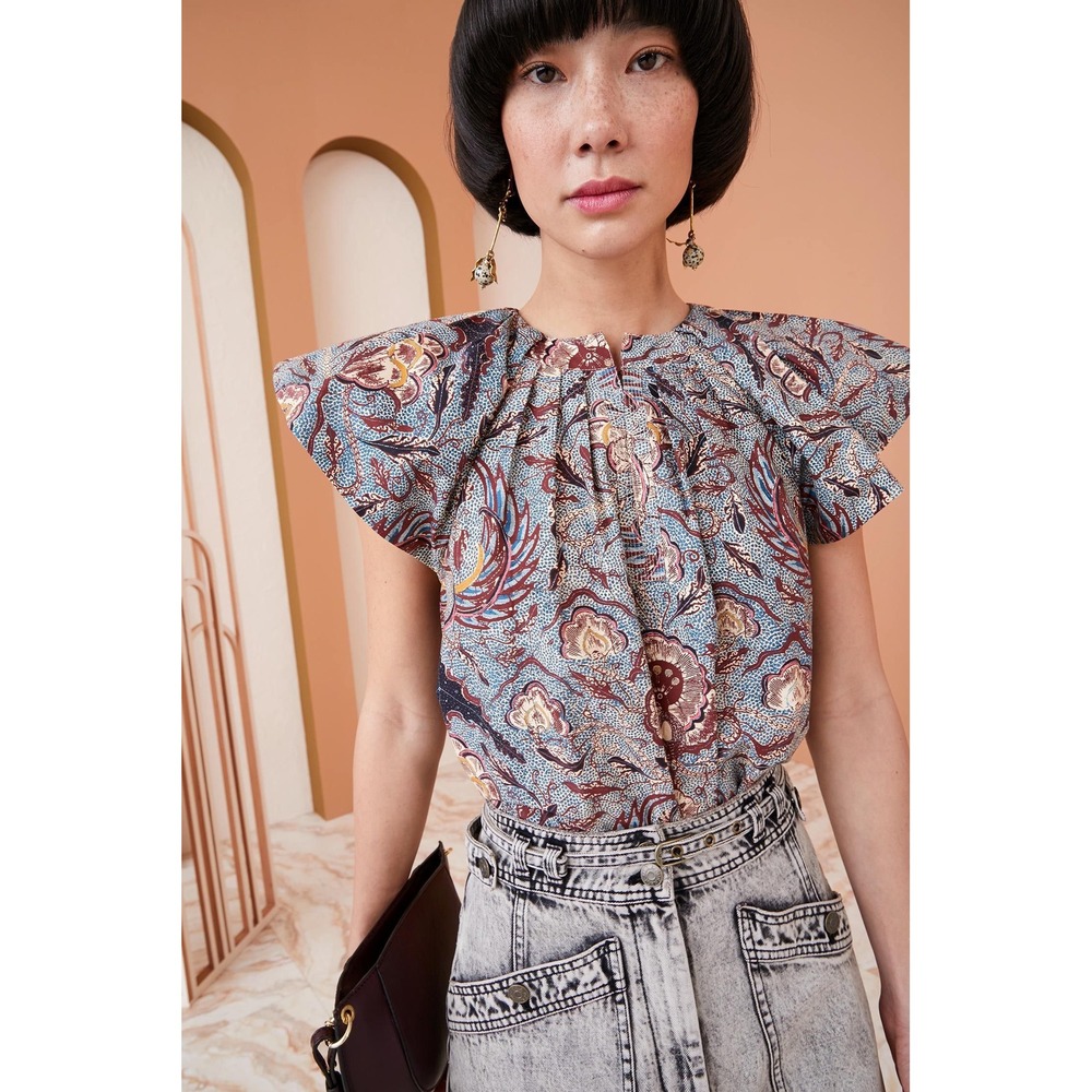 Ulla Johnson Floral Batik Cotton Blouse Split Neck Flutter Sleeve Top Blue Red 0